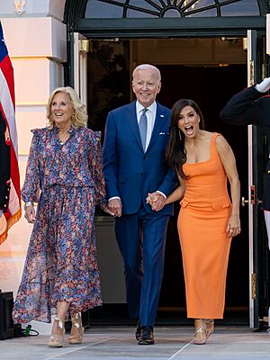 President Joe Biden, First Lady Jill Biden, and Eva Longoria at a White House screening of "Flamin' Hot" (cropped)