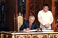 President Rodrigo Roa Duterte accompanies Malaysian Prime Minister Mahathir Mohamad as the latter is accorded foyer honors upon his arrival at the Malacañan Palace for his two-day official visit to the Philippines on March 7, 2019
