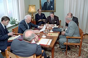 President Ronald Reagan with Mikhail Gorbachev, Jack Matlock, Dimitry Zarechnak, George Shultz, and Eduard Shevardnadze during his trip to Iceland at the Reykjavik Summit