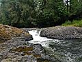 Small waterfall passing between boulders in front of some trees