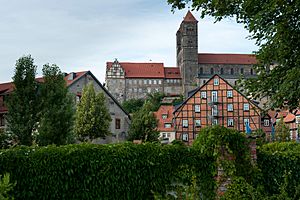 Schlossmühle Quedlinburg dahinter Burgberg mit Stift.JPG