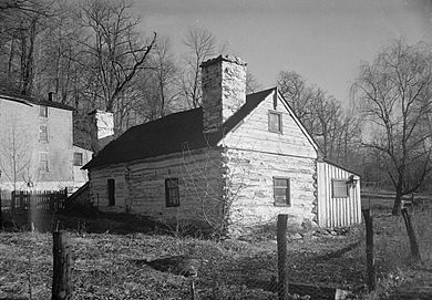View from northwest. February 5, 1937. Photo by Ian McLaughlin. - Lower Swedish Log Cabin, Darby Creek vicinity (Clifton Heights), Darby, Delaware County, PA HABS PA,23-DARB.V,2-1 cropped