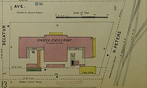 "UNITED STATES MINT" 1895 map detail, Sanborn Fire Insurance Map from New Orleans, Orleans Parish, Louisiana. LOC sanborn03376 006-28 (cropped)