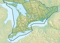 Map of Southern Ontario with a dot at the location of the mouth of Bowmanville Creek