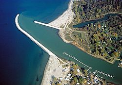 The mouth of the Cattaraugus Creek as seen from overhead. At bottom is the community of Sunset Bay; at top is Snyder Beach on the Cattaraugus Reservation.