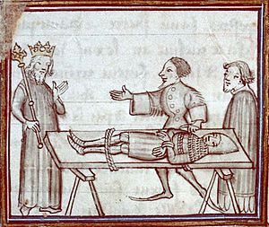 Geoffroy de Charny, blessé, prisonnier d'Edouard III (Fleurs des chroniques - Besançon - BM - MS 677 - fol 83)
