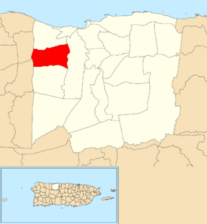 Location of Hato Arriba within the municipality of Arecibo shown in red