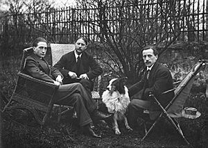 Marcel Duchamp, Jacques Villon, Raymond Duchamp-Villon in the garden of Villon's studio, Puteaux, France, c.1913