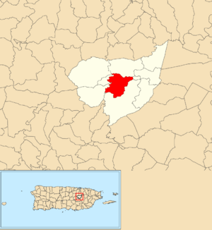 Location of Mula within the municipality of Aguas Buenas shown in red
