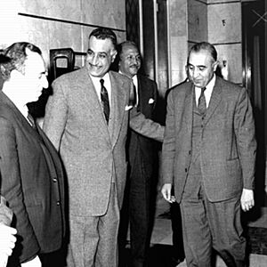 President Gamal Abdul Nasser with Baath Party founders Michel Aflaq and Salah al-Bitar in 1958