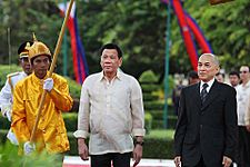 President Rodrigo Roa Duterte is welcomed by the King of Cambodia Norodom Sihamoni upon his arrival at the Royal Palace in Cambodia