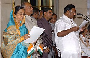 The President, Smt. Pratibha Devisingh Patil administering the oath as Cabinet Minister to Shri M.K. Alagiri, at a Swearing-in Ceremony, at Rashtrapati Bhavan, in New Delhi on May 28, 2009