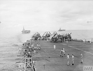Three aircraft carriers of the British Pacific Fleet off Japan on 10 July 1945