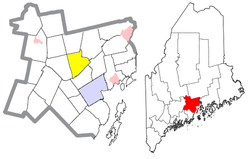 Location of Brooks (in yellow) in Waldo County and the state of Maine