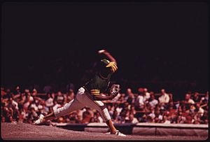 AN OAKLAND A'S PITCHER DELIVERS DURING A GAME WITH THE HOME TEAM CHICAGO CUBS AT WRIGLEY FIELD. THE FACILITY ALSO IS... - NARA - 556302