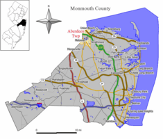 Map of Aberdeen Township in Monmouth County. Inset: Location of Monmouth County highlighted in the State of New Jersey.