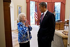 Betty White and Barack Obama in the Oval Office
