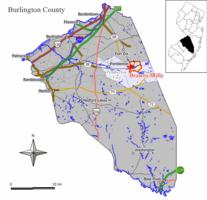 Map of Browns Mills CDP in Burlington County. Inset: Location of Burlington County in New Jersey.