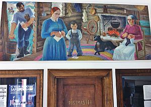 Bushnell, Il Post Office mural, "Pioneer Home in Bushnell" by Reva Jackman