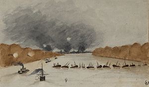 Watercolor drawing of gunboats advancing toward New Bern, seen from a point above the middle of the Neuse River. New Bern is marked by three clouds of smoke seen in the distance, the presumed result of destruction of property to keep it from the enemy. A dozen hulks form a barrier across the river, with a gap on the left side of the drawing; two shore-based guns near the gap are firing on the fleet. Two Federal ships have already passed the gap, a third is about to pass, and a fourth is approaching.