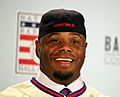 Ken Griffey Jr. goes with his trademark backwards cap
