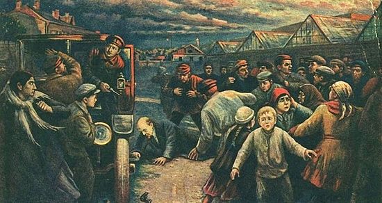 Artist Vladimir Pchelin's depiction of the 30 August 1918 assassination attempt on Vladimir Lenin by Fanya Kaplan.