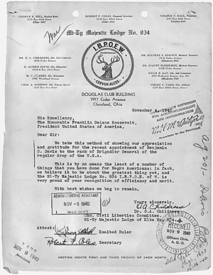 Letter Commending Franklin Roosevelt on appointment of Benjamin O. Davis to Brigadier General