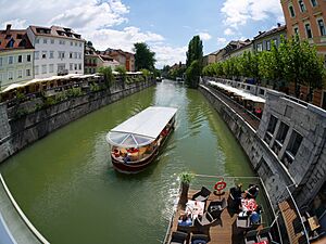 Ljubljana old town with excursion boat