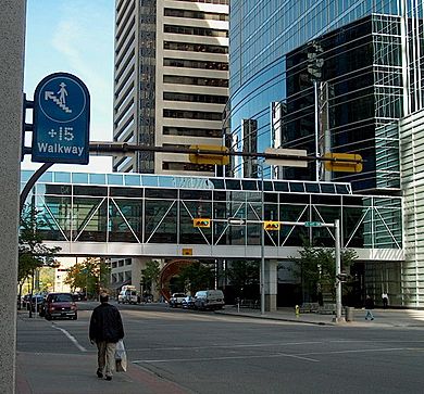 Plus 15 sign and walkway Calgary