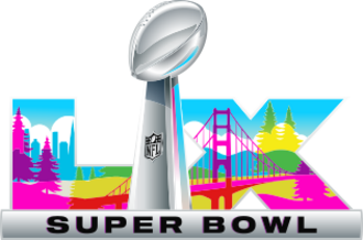 Logo of Super Bowl LX, depicting "LX" showing the glimpse of San Francisco Bay Area and the football-shaped Super Bowl trophy