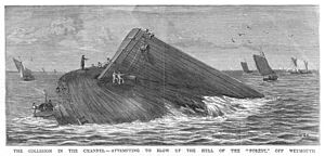 The Collision in the Channel, attempting to blow up the Hull of the 'Forest,' off Weymouth - The Graphic 1877