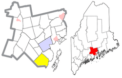 Location of Lincolnville (in yellow) in Waldo County and the state of Maine
