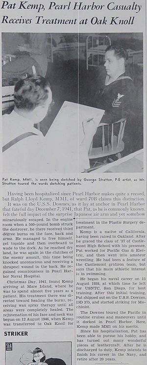 "Pat Kemp, Pearl Harbor Casualty Receives Treatment at Oak Knoll" article on "Page 4" of issue "8 February 1947" detail, from- The Oak Leaf Vol. 6 (January 11 - June 28, 1947) (IA TheOakLeaf1947January11June28) (page 20 crop)