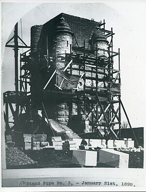 "Stand Pipe No. 3, - January 21st, 1899." (Compton Hill Water Tower under scaffolding during construction)