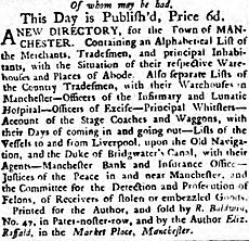 Advert for The Manchester Directory, 1772