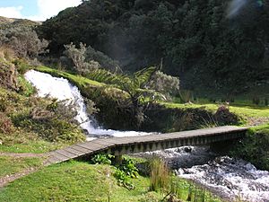 Bridge and waterfall, Belmont, Lower Hutt, New Zealand, 10 August 2006.jpg