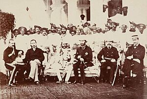HH The Maharaja Sir Jayaji Rao Scindia of Gwalior, General Sir Henry Daly (Founder of The Daly College, Indore), with British officers and Maratha nobility in Indore, Holkar State, Cental India. Circa 1879.