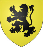 A yellow shield with a black lion rampant