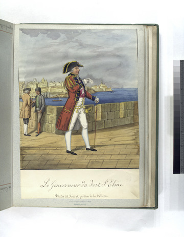 18th century painting of the Hospitaller Governor of Fort St Elmo, with the fort itself and Valletta in the background