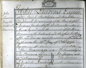 Marriage record for John Laurens and Martha Manning