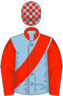Light blue, scarlet sleeves, sash and collar, check cap
