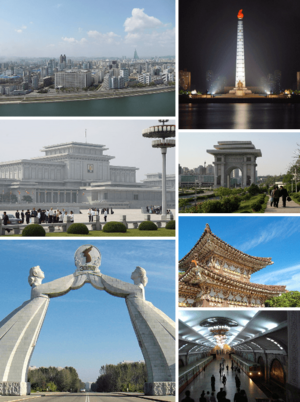 Clockwise from top left: Pyongyang skyline and the Taedong River; Juche Tower; Arch of Triumph; Tomb of King Tongmyeong; Puhŭng Station in the Pyongyang Metro; Arch of Reunification; and Kumsusan Palace of the Sun