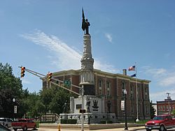 Randolph County Courthouse and veterans' monument in downtown Winchester