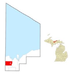 Location within Alger County (red) and the administered village of Chatham (pink)