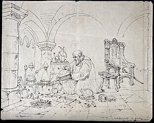 Roger Bacon conducting an alchemical experiment in a vaulted Wellcome V0025604