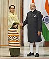 The Prime Minister, Shri Narendra Modi receiving the State Counsellor of Myanmar, Aung San Suu Kyi, in Hyderabad House, New Delhi on January 24, 2018