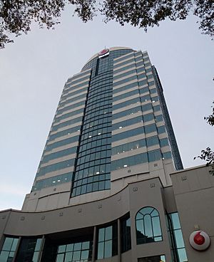 Dimension Data Tower at 157 Lambton Quay, pictured with its former Vodafone branding