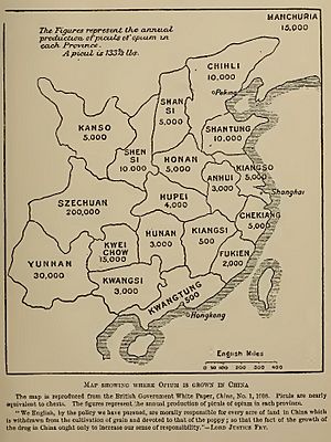 "Map showing where opium is grown in China" in 1908, from book - Present-Day Conditions in China; Notes Designed to Show the Moral and Spiritual Claims of the Chinese Empire, published 1908 (IA presentdaycondit00broo) (page 25 crop)