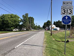 2022-06-30 09 33 19 View north along Maryland State Route 313 (Goldsboro Road) at Maryland State Route 302 (Church Street) in Barclay, Queen Anne's County, Maryland