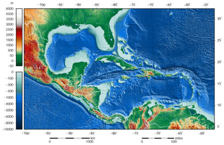 Caribbean Sea Gulf of Mexico shaded relief bathymetry land map